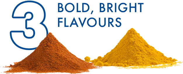 3 Bold, Bright Flavours with two piles of spices one orange one yellow